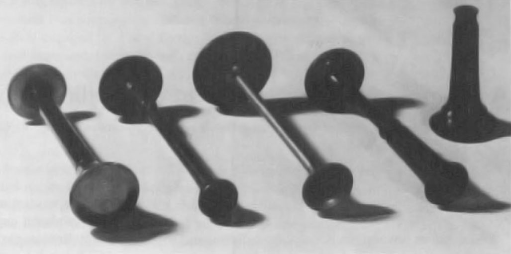 Fig. 2 Monaural stethoscopes, circa 1850. These are all essentially Laennec's model, turned into fancy shapes with dilated cusps for the ear and the chest. One specimen is screwed apart for ease in carrying. Image included by permission of John Wiley & Sons, Inc. Further usage of any Wiley content that appears on this website is strictly prohibited without permission from Wiley & Sons, Inc.