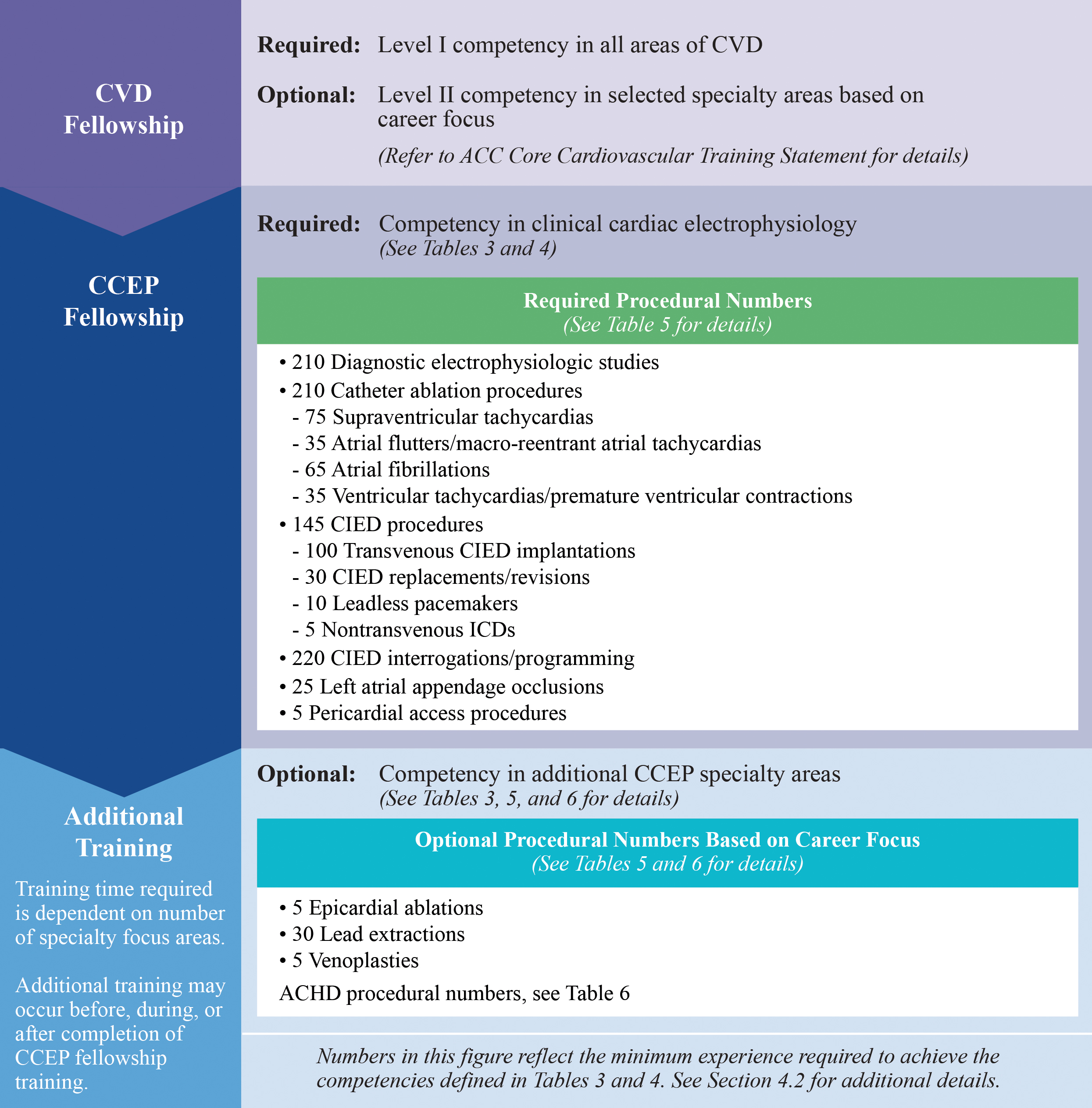 Infographic outlining CVD and CCEP fellowship requirements, required procedural numbers, plus optional training.