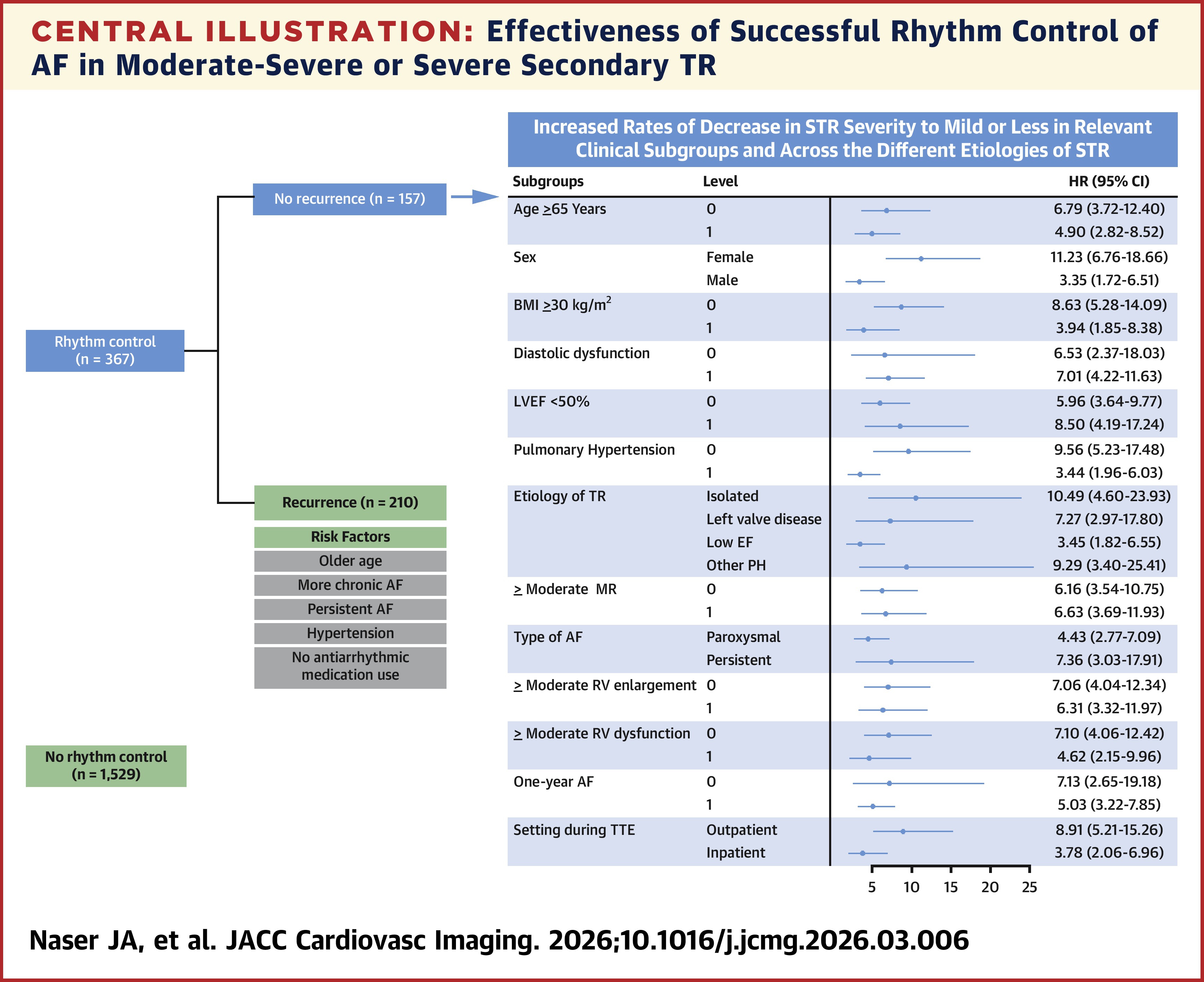 JACC Central Illustration illustrating the effectiveness of successful rhythm control of atrial fibrillation in moderate-severe or severe secondary tricuspid regurgitation.