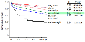 Figure 2. Kaplan Meyer survival plot of patients after stroke according to BMI subgroups.