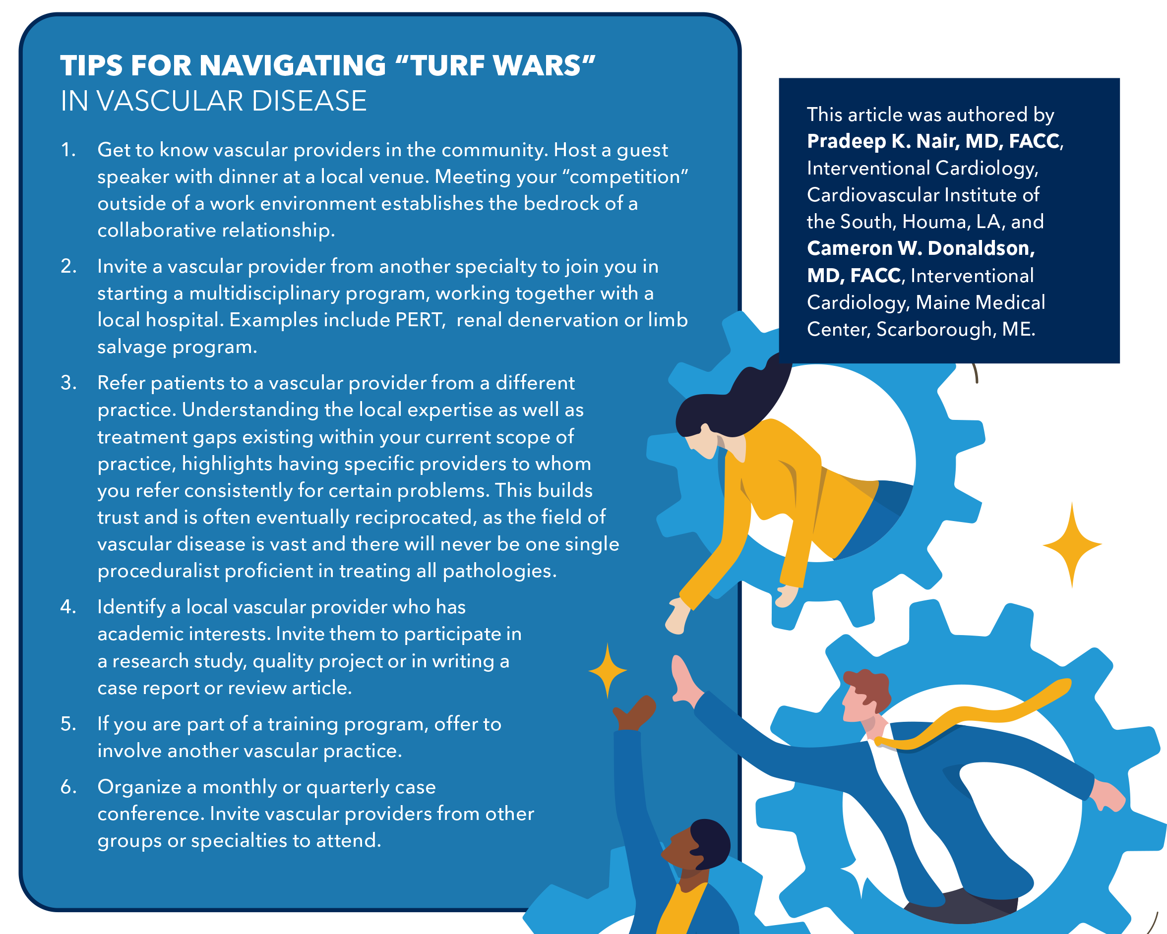 This article was authored by Pradeep K. Nair, MD, FACC, Interventional Cardiology, Cardiovascular Institute of the South, Houma, LA, and Cameron W. Donaldson, MD, FACC, Interventional Cardiology, Maine Medical Center, Scarborough, ME. - Tips For Navigating 'Turf Wars' in Vascular Disease