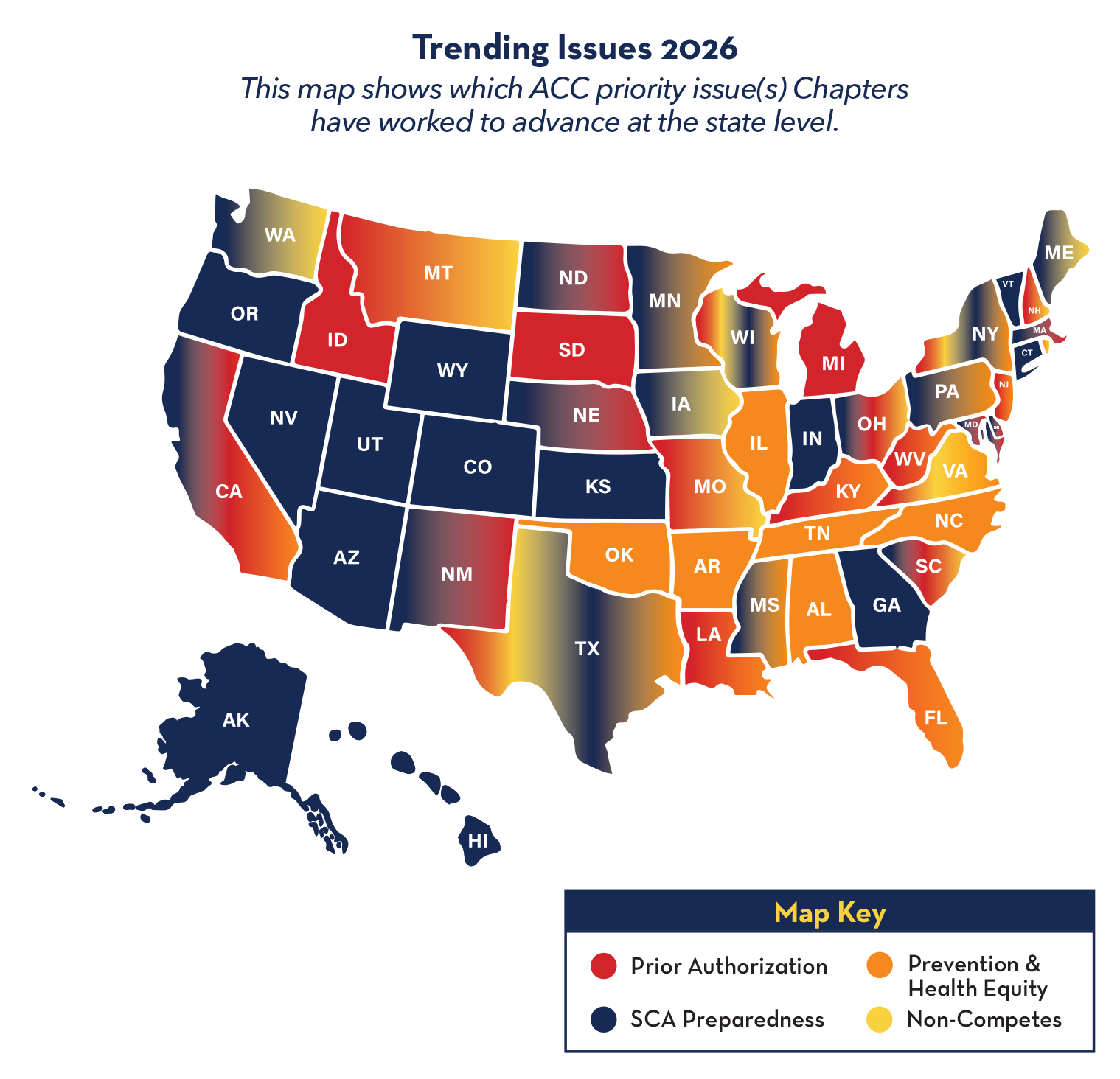 Trending Issues 2026 | This map shows which ACC priority issue(s) Chapters have worked to advance at the state level.